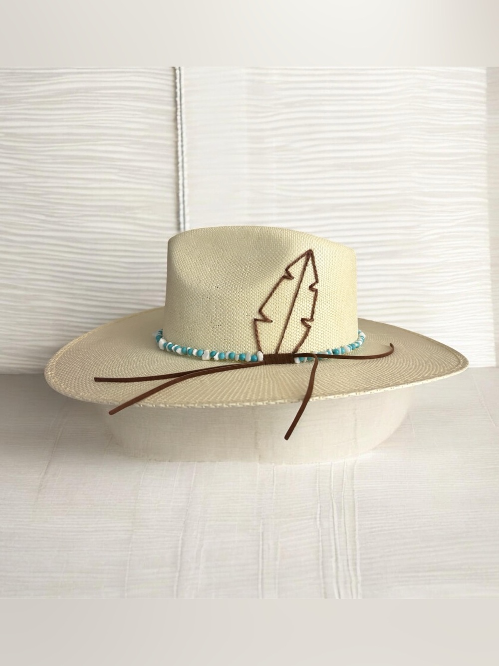 Beaded Trim Ivory Straw Fedora Hat